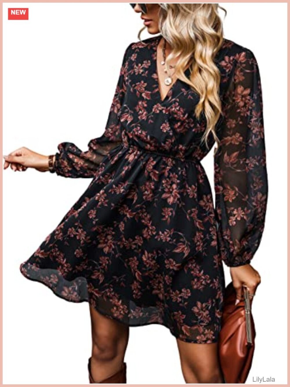 Womens Chiffon Floral Mini Dress Long Peasant Sleeve A-Line Casual